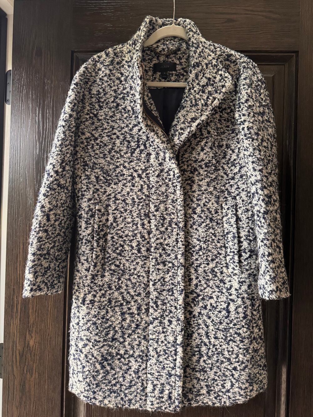 J.Crew Women’s Size 0 Italian Wool Bouclé Lodge Coat Navy Ivory Textured Look